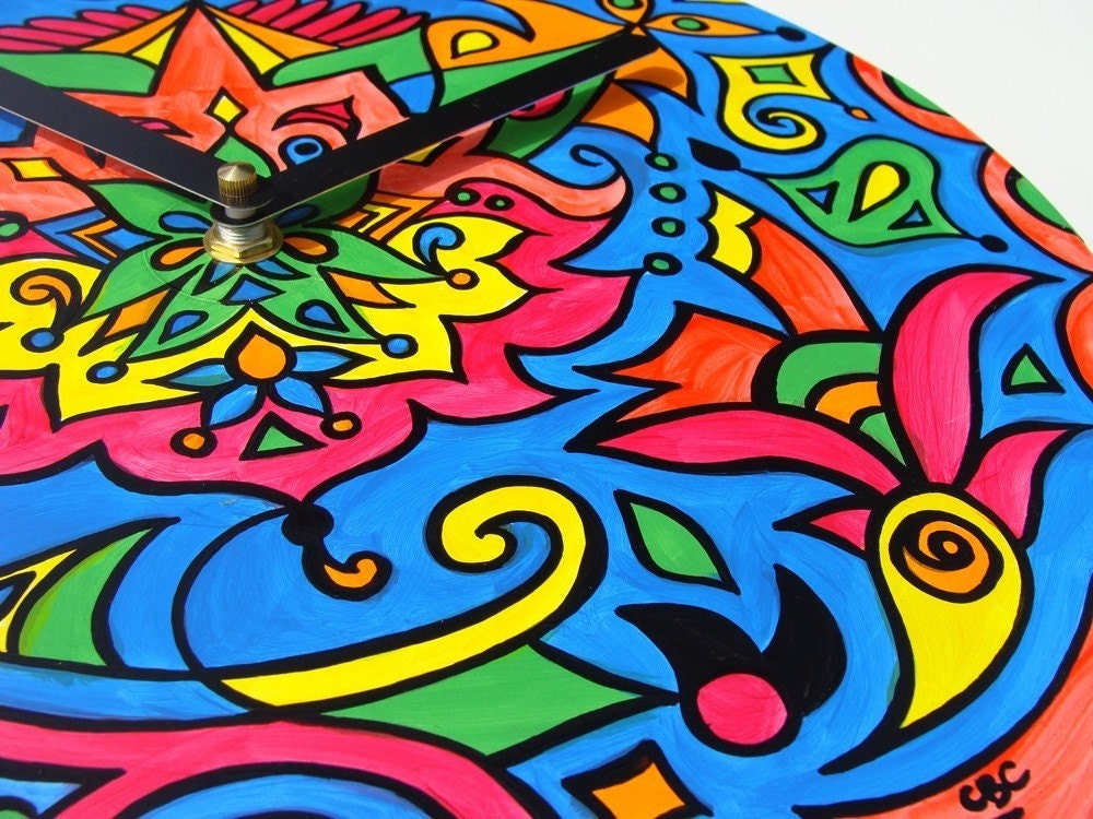 Psychedelic Mandala Clock in Blue / Pink / Green / Orange / Yellow - Geometric Design Made From Recycled Vinyl Record