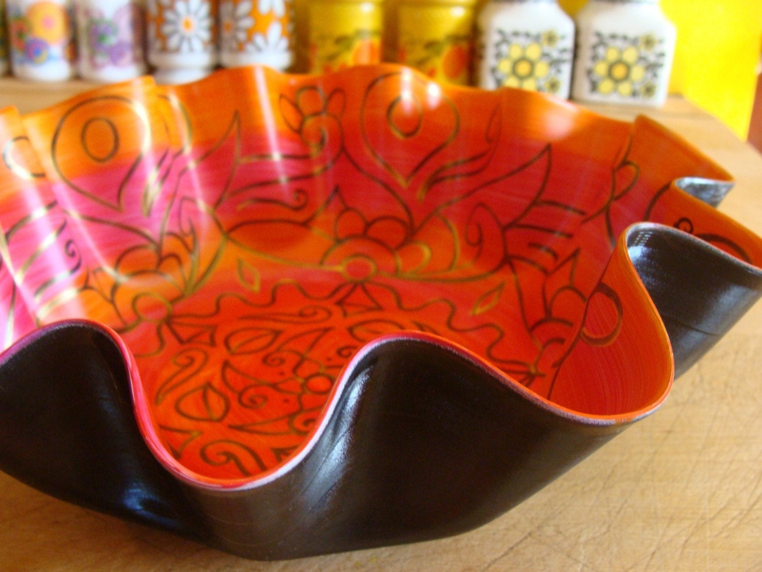 Orange and Pink Swirly Mandala Record Bowl - Tribal Inspired Psychedelic Geometric Design