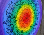 Happy Vortex - Original Mandala Painting in Rainbow Colors on Extra Large 16 Inch Vintage Recycled Vinyl Transcription Record