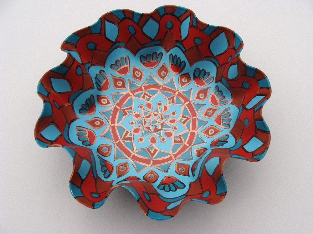 Hawaiian Wedding Mandala Record Bowl - Tribal Inspired Geometric Mandala in Turquoise / Teal / Aqua and Brown