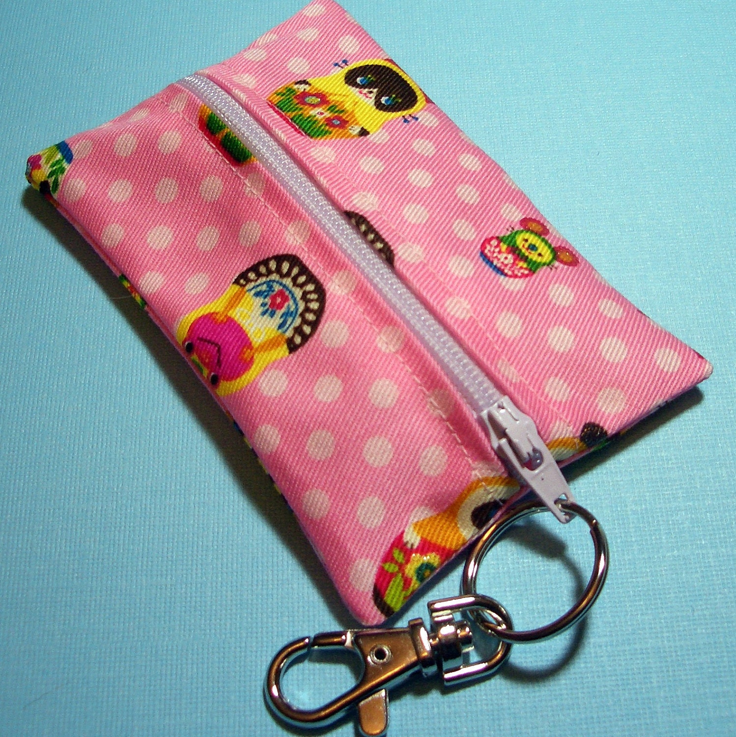 Pink and White Dot Card Case - Zip-It Case / Coin Purse - Matryoshka Animals on Pink