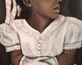 Girl Holding Quilt, Original Oil Painting on Canvas Folk Art