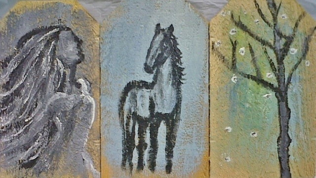Horse Tree and Woman, Original Paintings on wood, Acrylic Painting, folk art wall decor