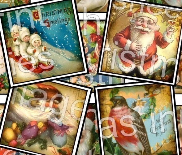 DIGITAL COLLAGE SHEET / printable download - digital download / diy pendant blanks - 54 Christmas 1 x 1 inch squares Santa Claus