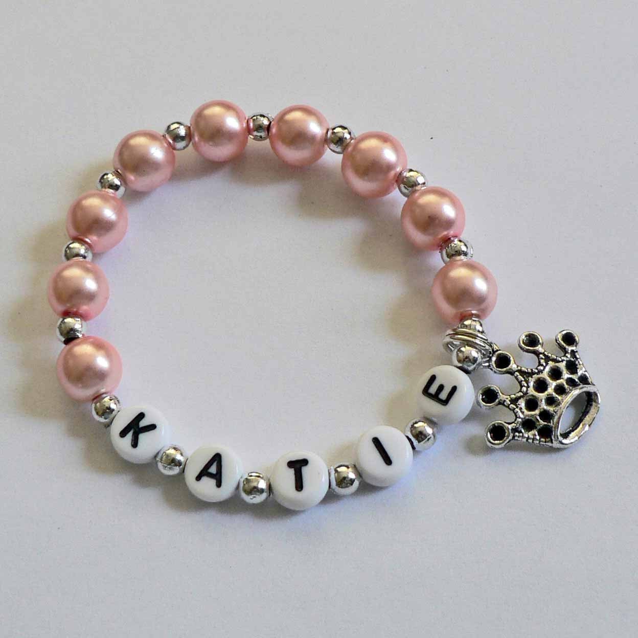 Pink Pearl and Silver Bracelet Personalized Name Bracelet with Crown Charm Child Jewelry Party Favor Infant Children Kid Adult Sizes