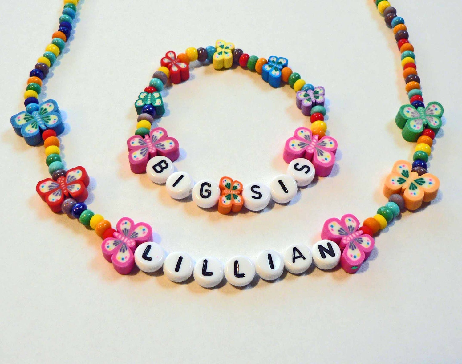 Rainbows & Butterflies Personalized Name Necklace and Bracelet Jewelry Set toddler preschool girls kids size Big Sister Stocking Stuffer