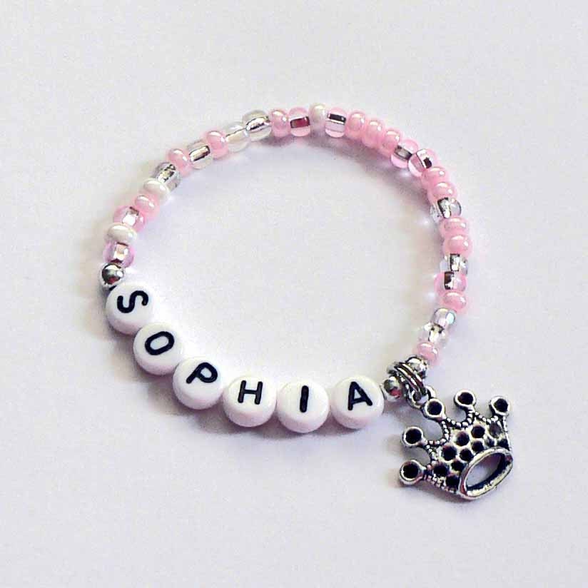 Personalized Princess Party Favors for kids Name bracelet Pink with crown or tiara charm