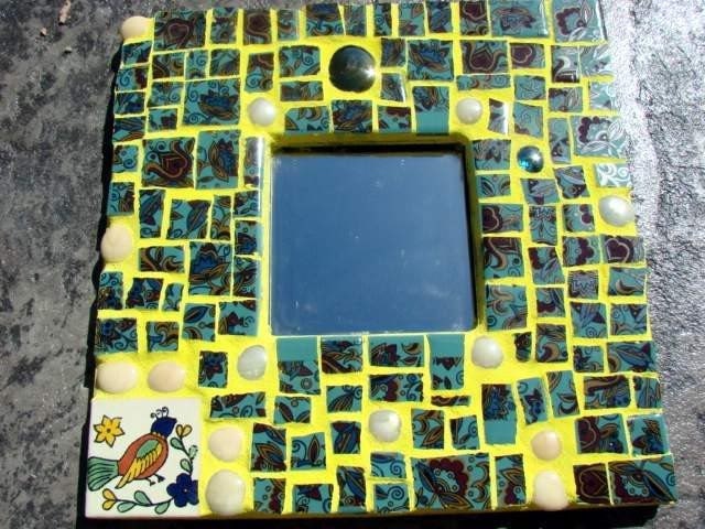Mosaic Tile Broken Plate  Art Mirror Blue Bird Yellow Retro