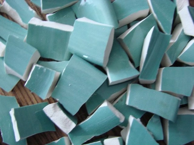 Mosaic Pottery Plate Pieces Tile Turquoise Blue Solid Color