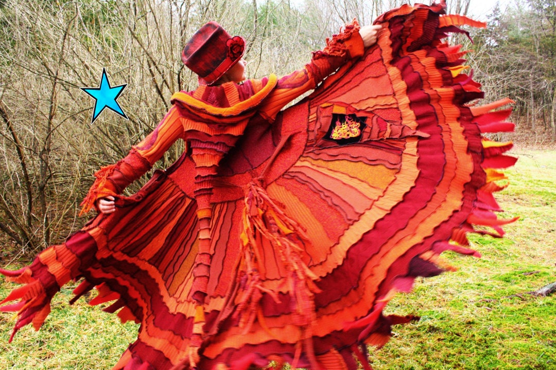 Recycled Sweater Coat PATTERN by Katwise -Red Orange Fire Phoenix