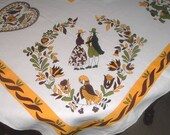 VINTAGE TABLECLOTH DUTCH FOLK ART DESIGN GOLDEN YELLOW BROWN GREEN