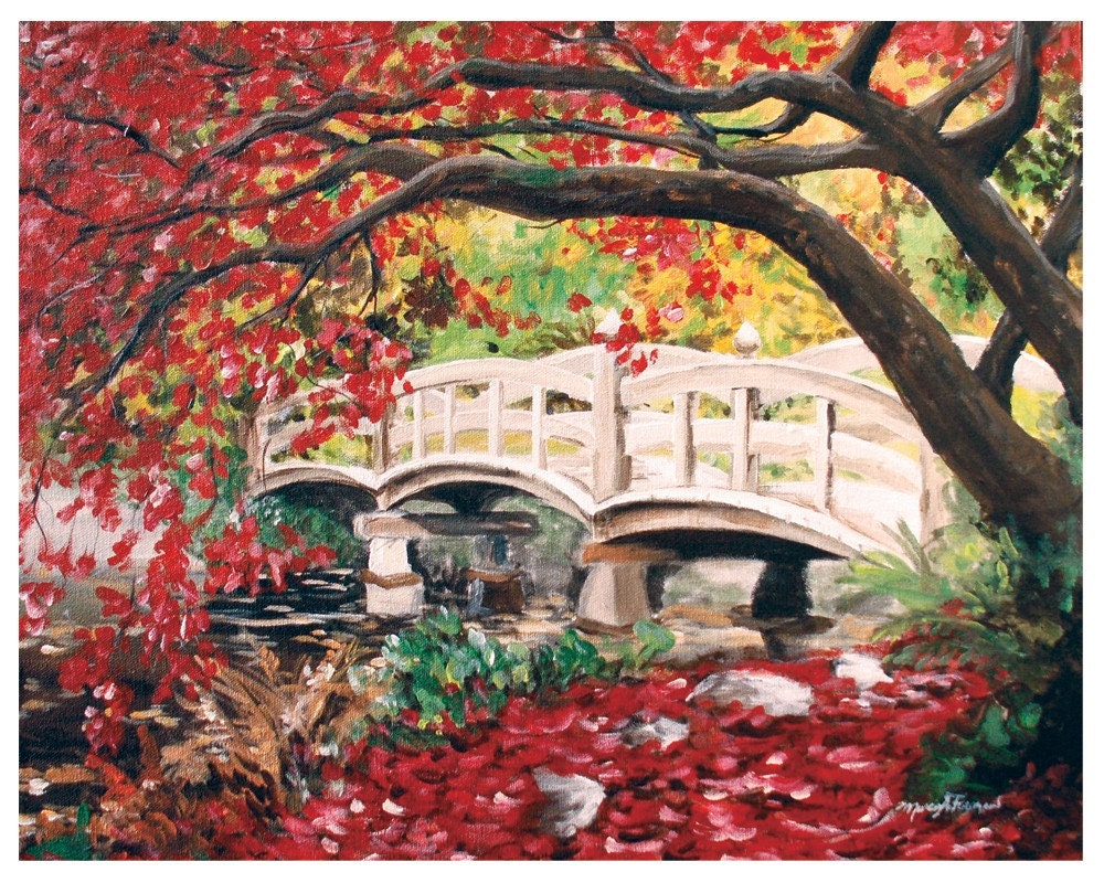 Japanese Bridge  8x10 Art Print red autumn leaves landscape