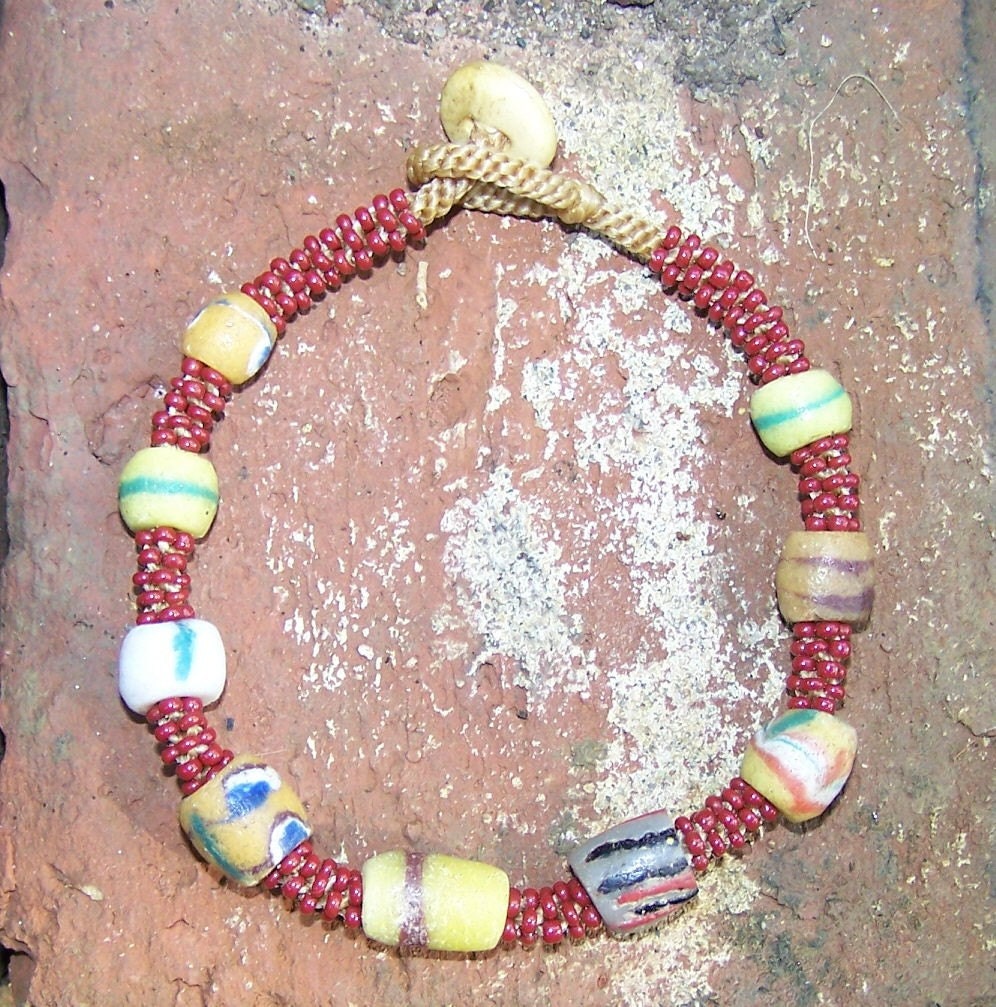 African Sandcast Trade Beads on Seed Bead Bracelet