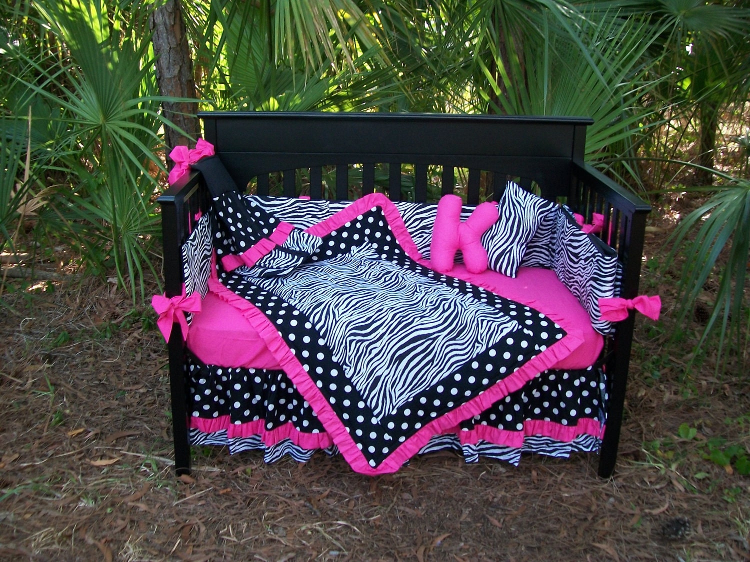 New Black White Polka Dot Zebra and Hot Pink fabrics Crib Bedding Set