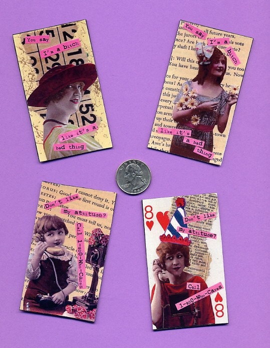 WHO CARES ATTITUDE MAGNETS Set of 4 - Collage Altered Art Funny Retro 