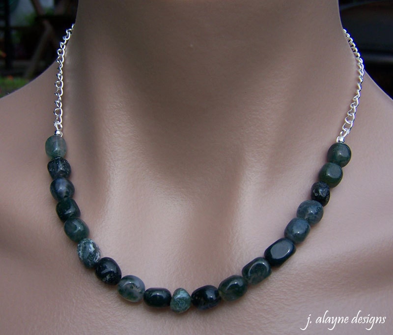 Moss Agate Pebbles and Silver Chain Necklace
