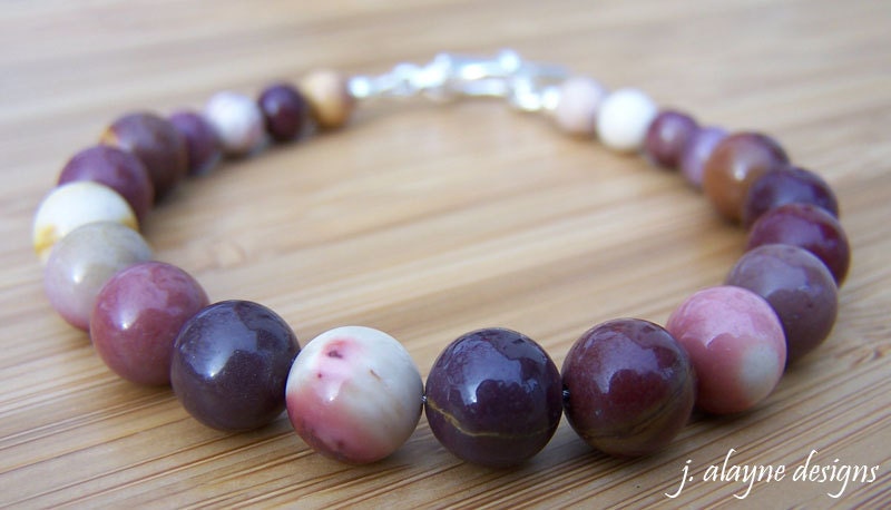 Round Moukaite Jasper Silver Red Mauve Gold Bracelet