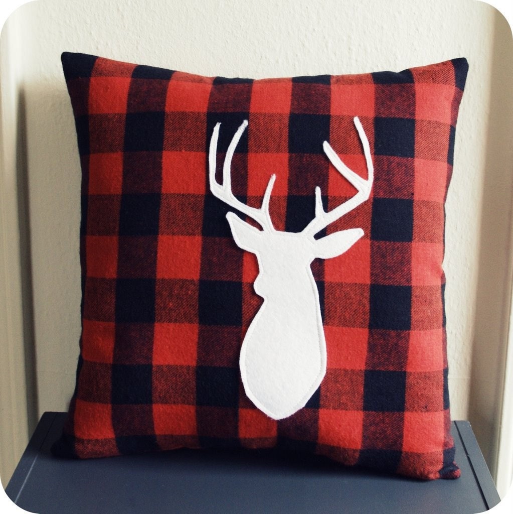 Deer Pillow on Red and Black Gingham Fabric