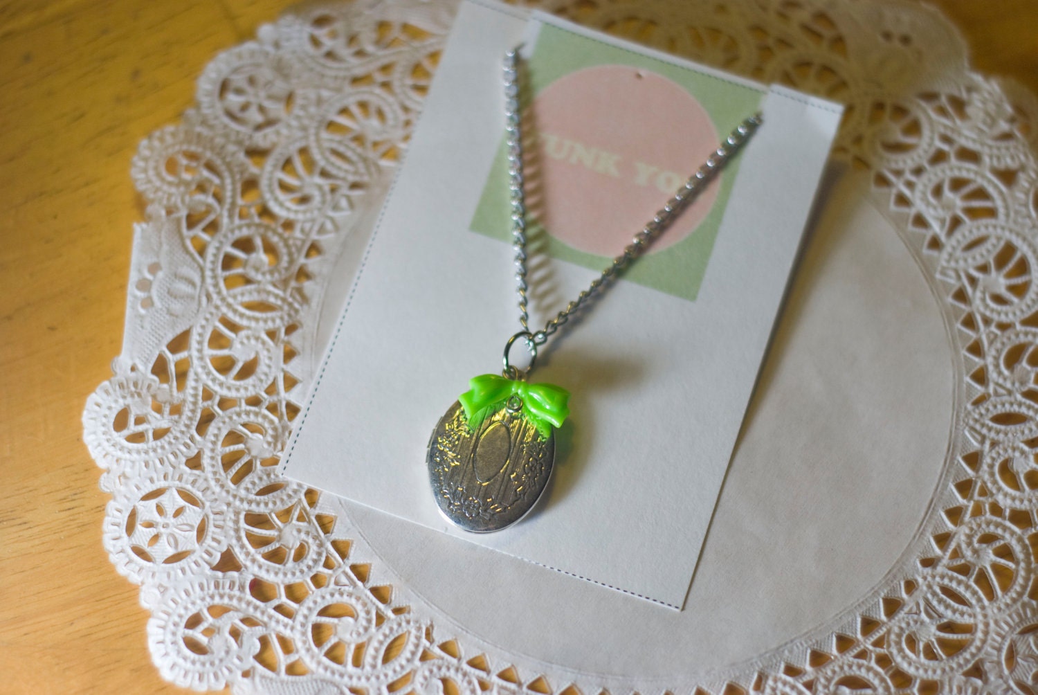 Silver Lolita Locket Charm Necklace with Lime Green Bow