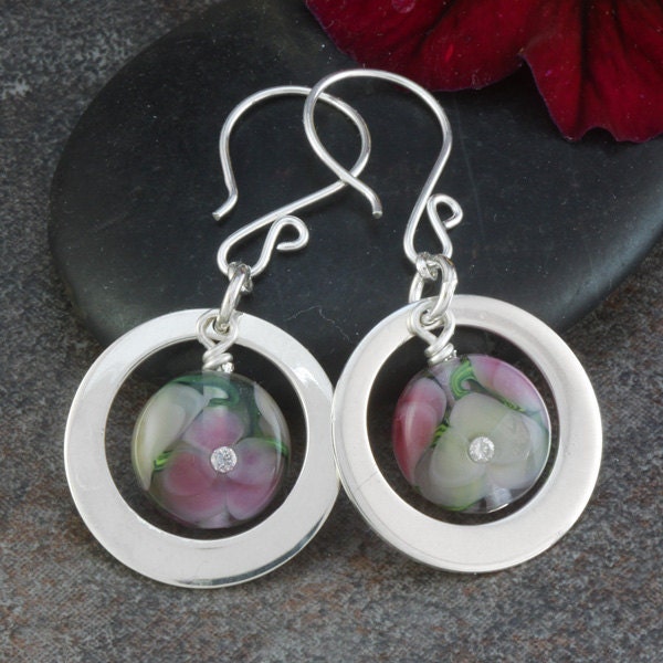 Handmade Lampwork Bead Earrings with Sparkling CZ's and Sterling Silver