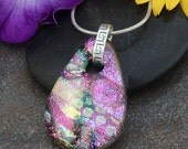 Fused Dichroic Glass Teardrop Necklace in Shimmering Pink with Sterling Silver