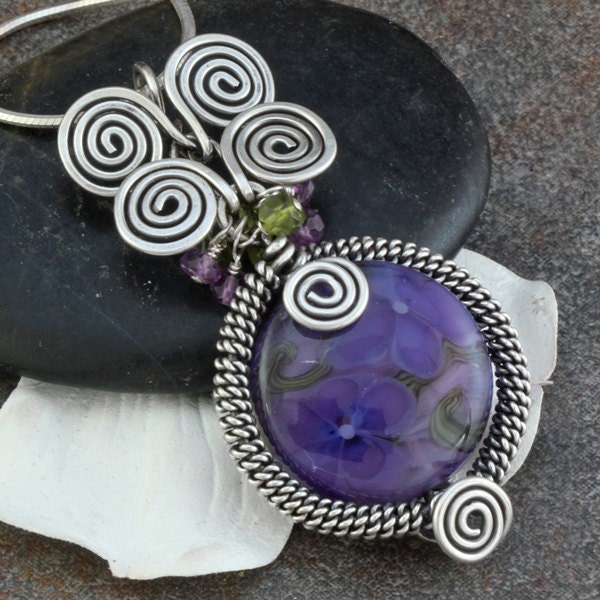 Wire Wrapped Lampwork Bead Pendant Necklace in Sterling Silver, Purple Florals, Amethyst and Green Garnet