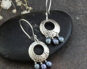 Hammered Sterling Silver Earrings with Purple Freshwater Pearl Dangles