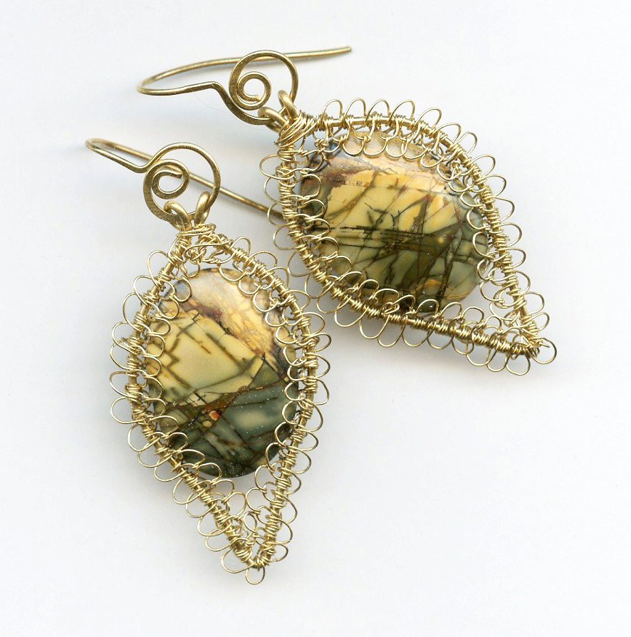 Picasso Jasper Lacy fio Jóias Brincos Bezel Handmade Verde Amarelo