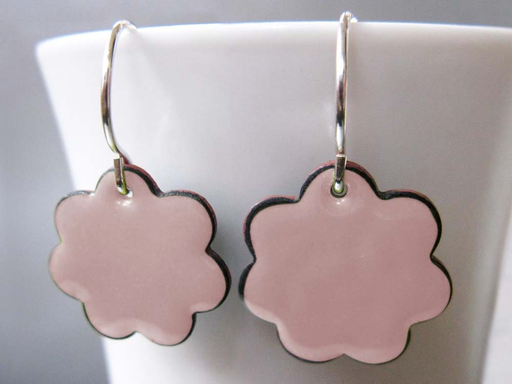 Ready to Ship: Blossom Enamel Earrings, Pastel Pink Kiln Fired Glass Enamel and Sterling Silver