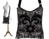 Bohemian Gypsy Fringe Bag Purse with adjustable strap Black Tapestry Chenille (RTS)