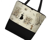 Retro Tote Bag / Large Tote Bag Purse / Diaper Bag / Cute Cotton Tote Bag / Zipper Canvas Tote / Teacher Tote - Tres Chic Black