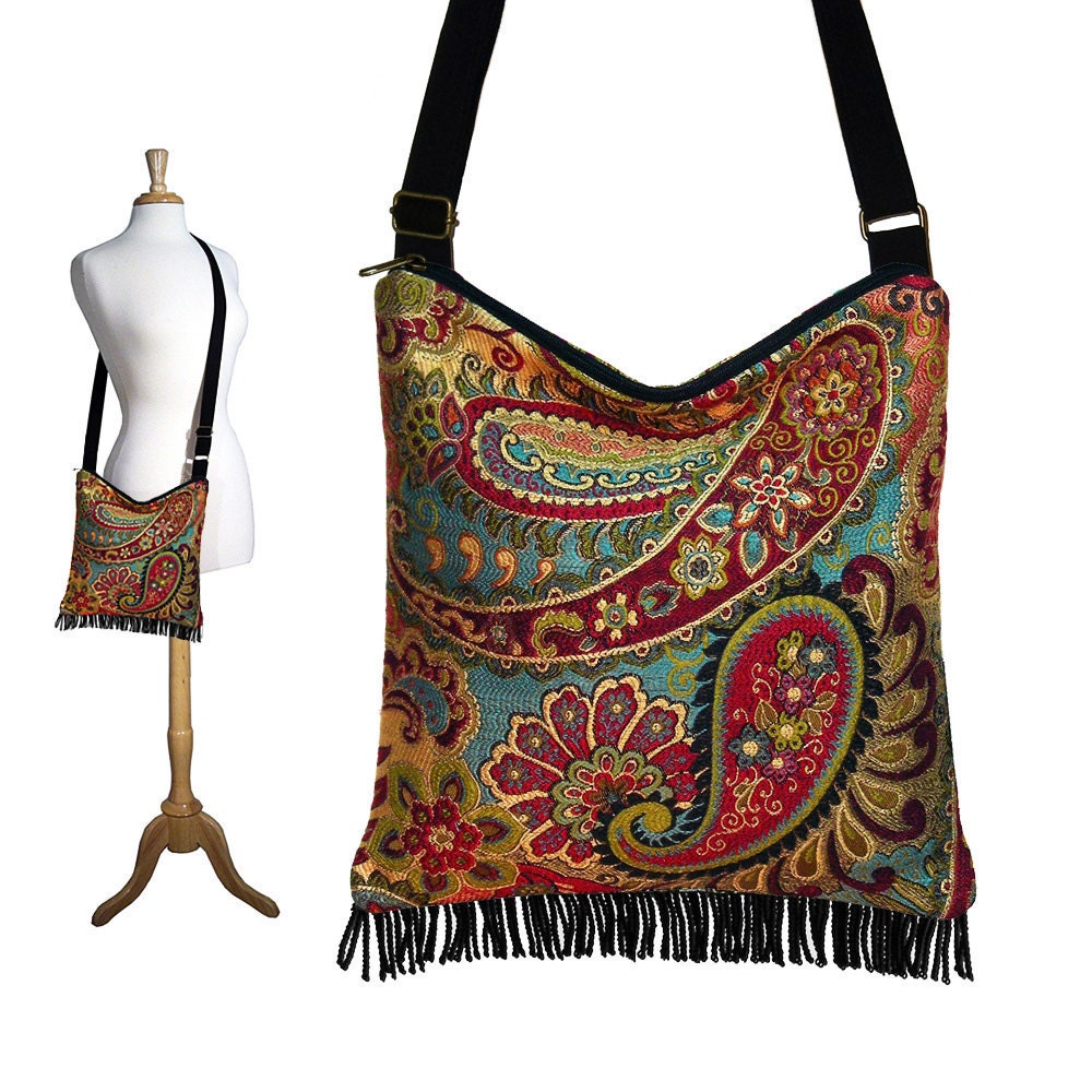 Bohemian Purse Gypsy Fringe Bag Slouch Hobo Bag Hippie Purse Shoulder Bag Zipper - Nadya Paisley Tapestry (RTS)