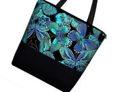 Large Tote Bag Purse / Diaper Bag / Cute Cotton Tote Bag / Zippered Canvas Tote / Teacher or Work Tote - Butterfly blue green (RTS)