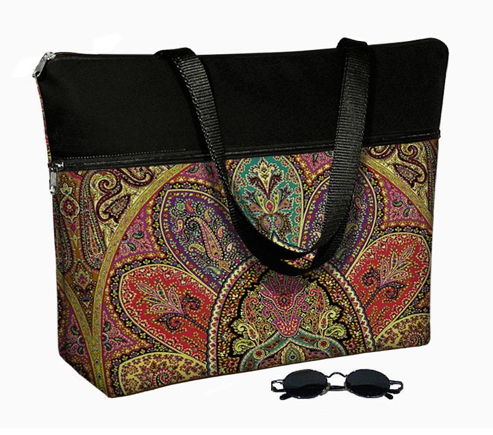 17 inch Laptop Bag with Straps / Laptop Tote Bag / 17" Laptop Case / Padded / Zippered Top  - Bohemian Paisley purple teal red (RTS)