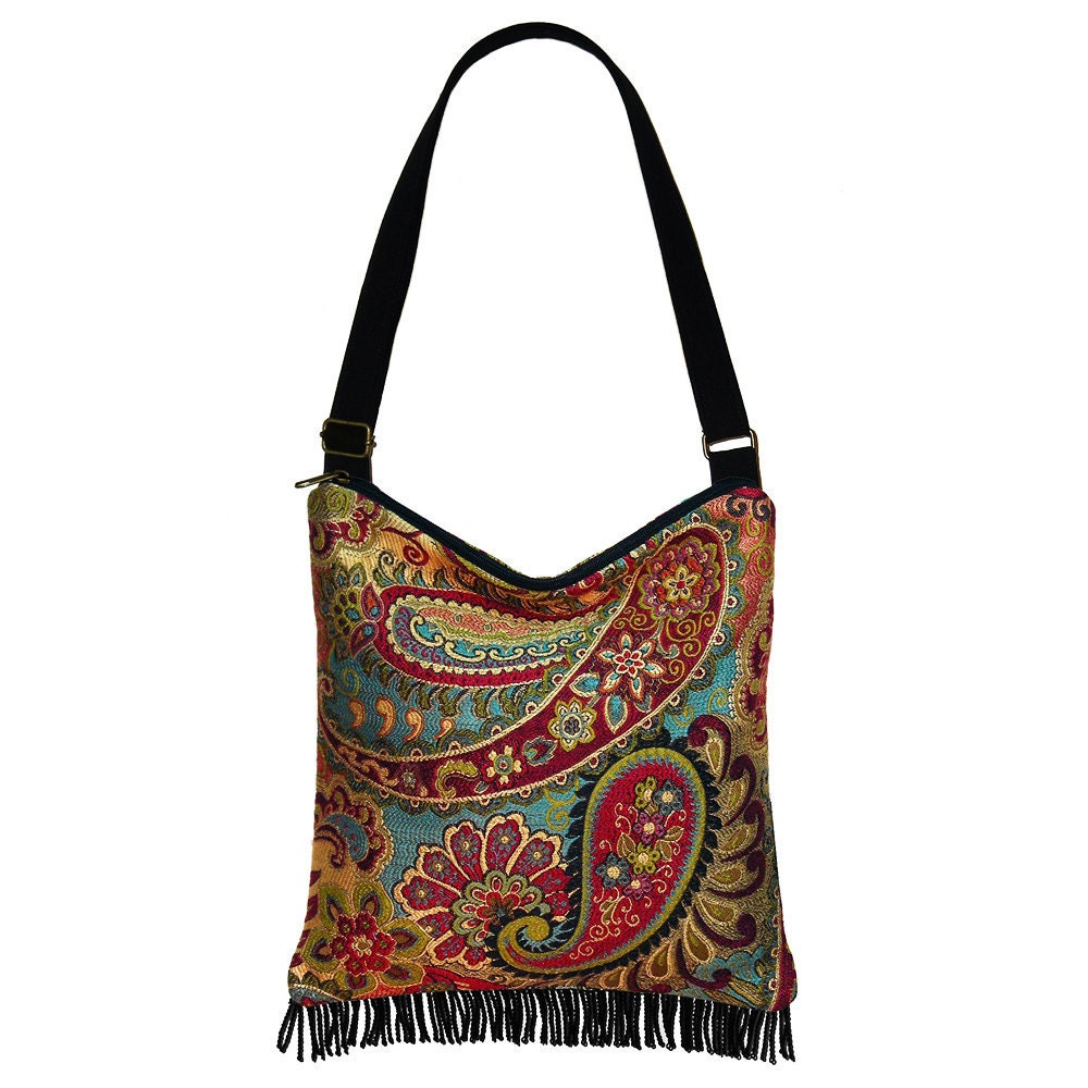 Bohemian Purse Gypsy Fringe Bag Slouch Hobo Bag Hippie Purse Shoulder Bag Zipper - Nadya Paisley Tapestry (RTS)