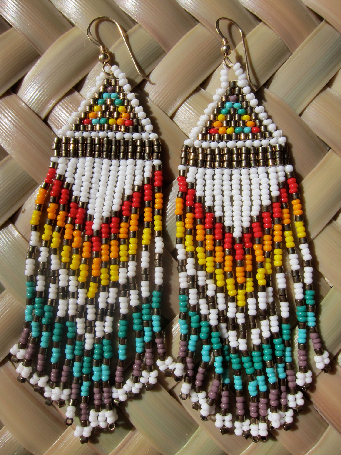 Native American white seed beaded rainbow beauties long