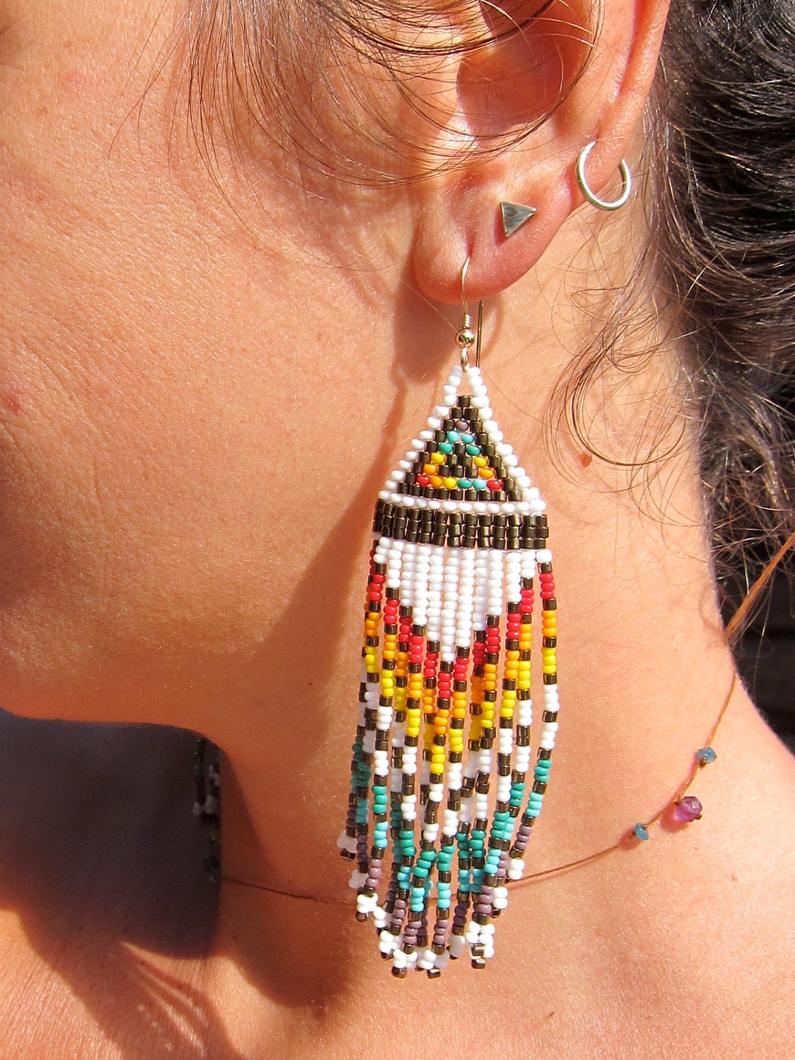 Native American white seed beaded rainbow beauties long