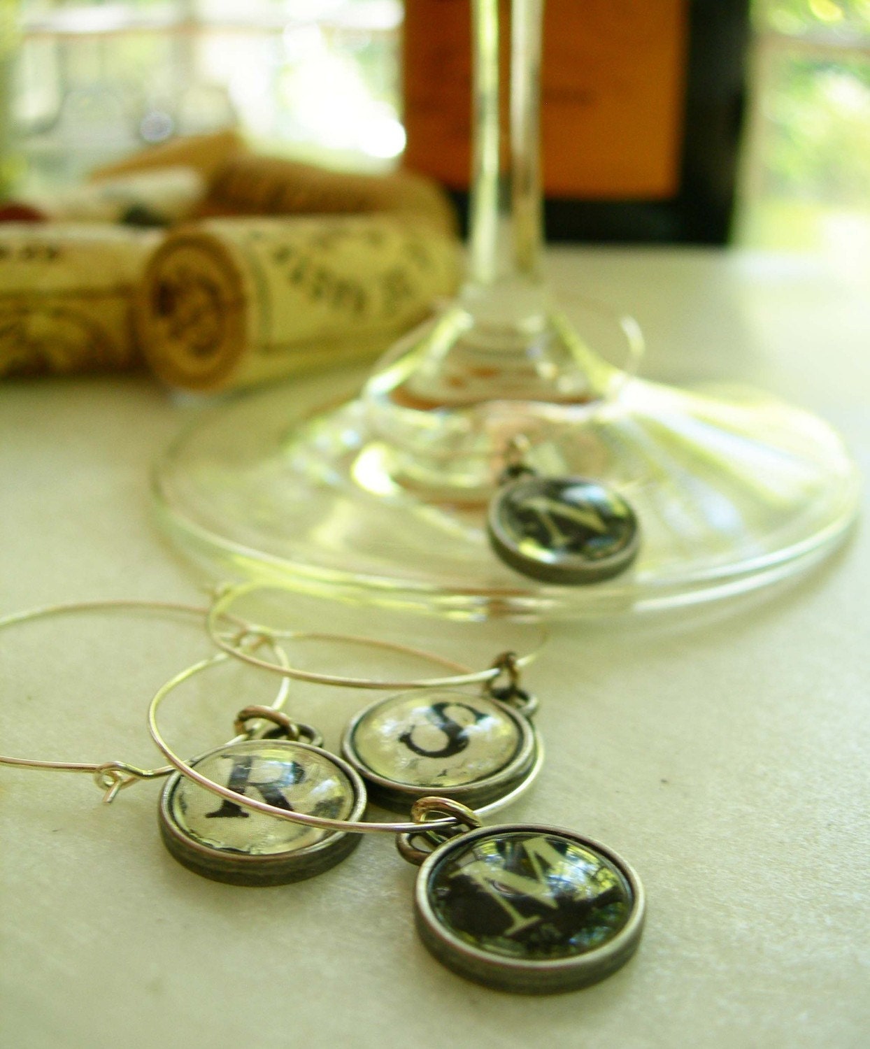 Antiqued Typewriter Alphabet wine charms, set of 6. New Item