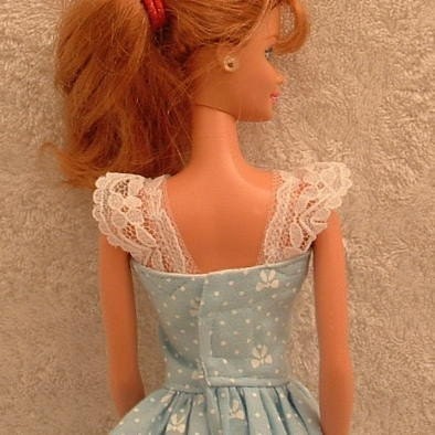 Barbie Clothes Handmade Blue Tea Length dress with tiny bows and lace