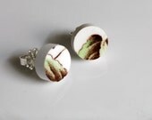 Simple Circle Broken Plate Stud Earring - Green and Brown Leaf - Recycled China