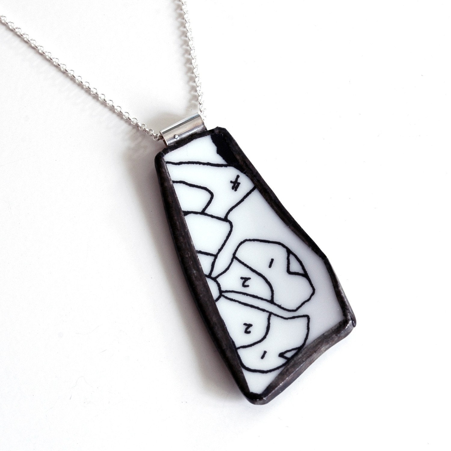 Broken Plate Pendant on Chain - Black and White Paint By Numbers - Recycled China