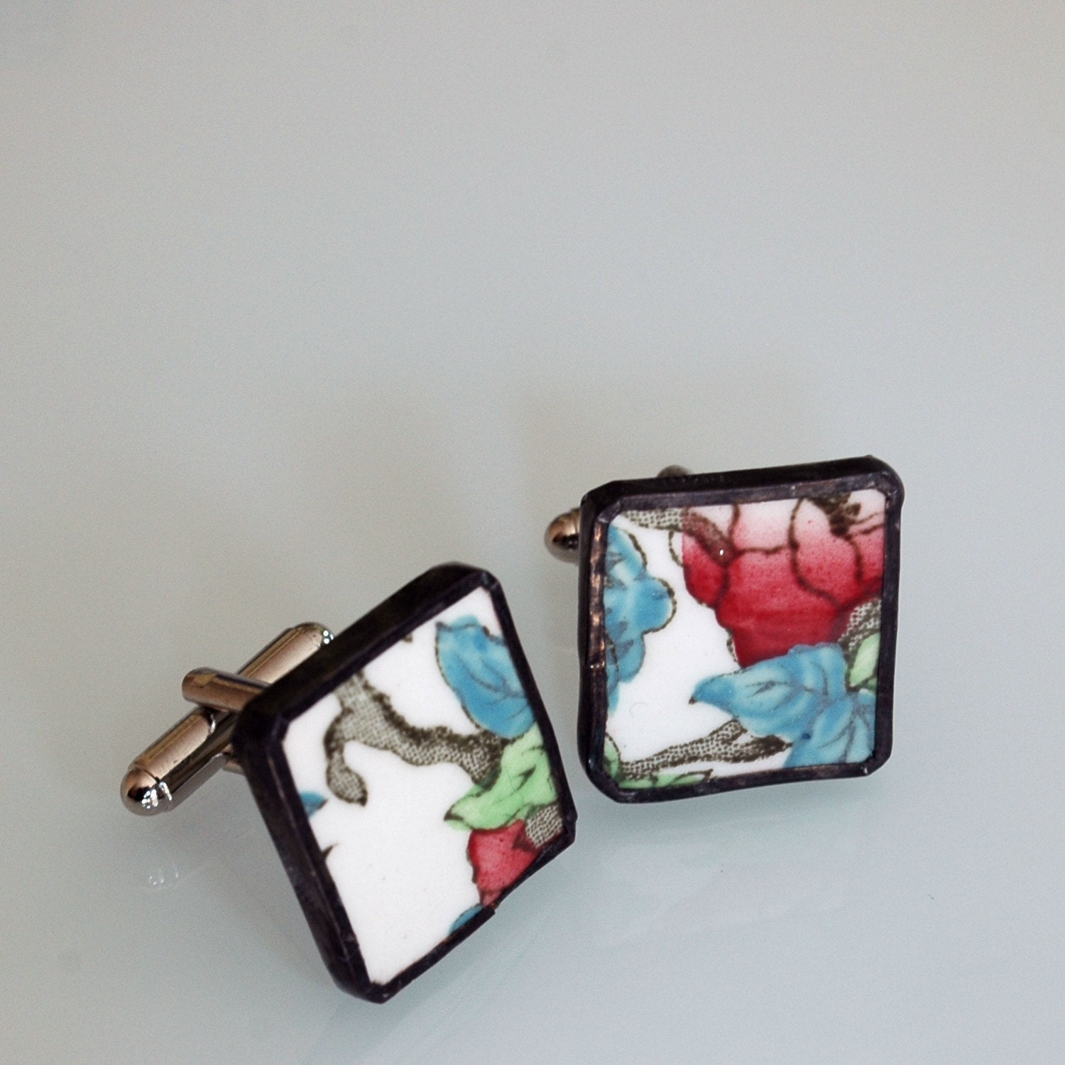 Broken Plate Cuff Links - Red Green and Blue Vintage - Recycled China