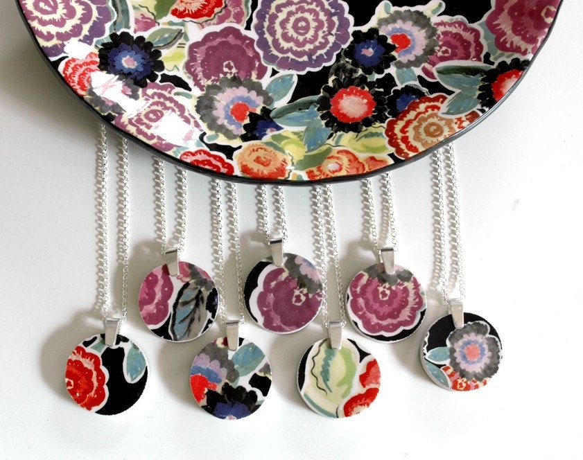 Custom Bridesmaid Jewelry - Matching Simple Circle Broken Plate Pendants on Chains 5QTY - Recycled China