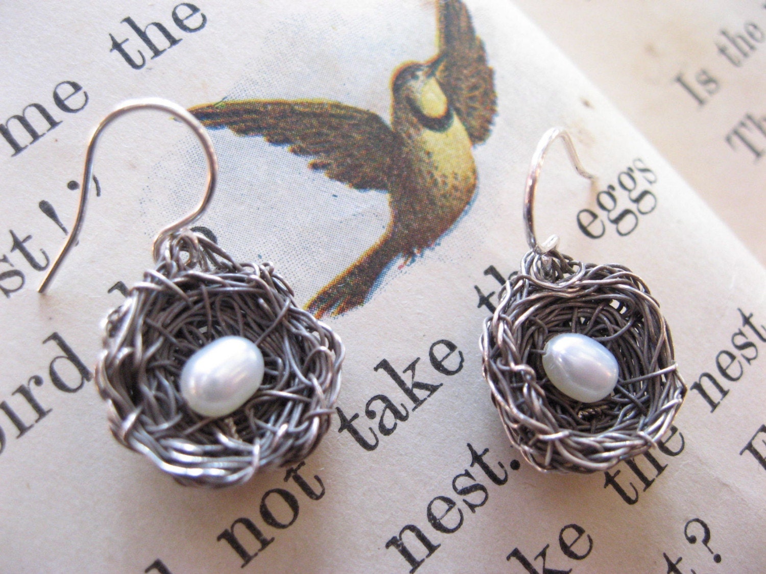bird's nest earrings, oxidized silver, pearl eggs