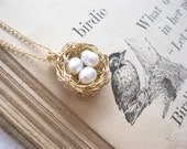 little bird's nest necklace...goldfill, 3 pearl eggs - PreciousMeshes