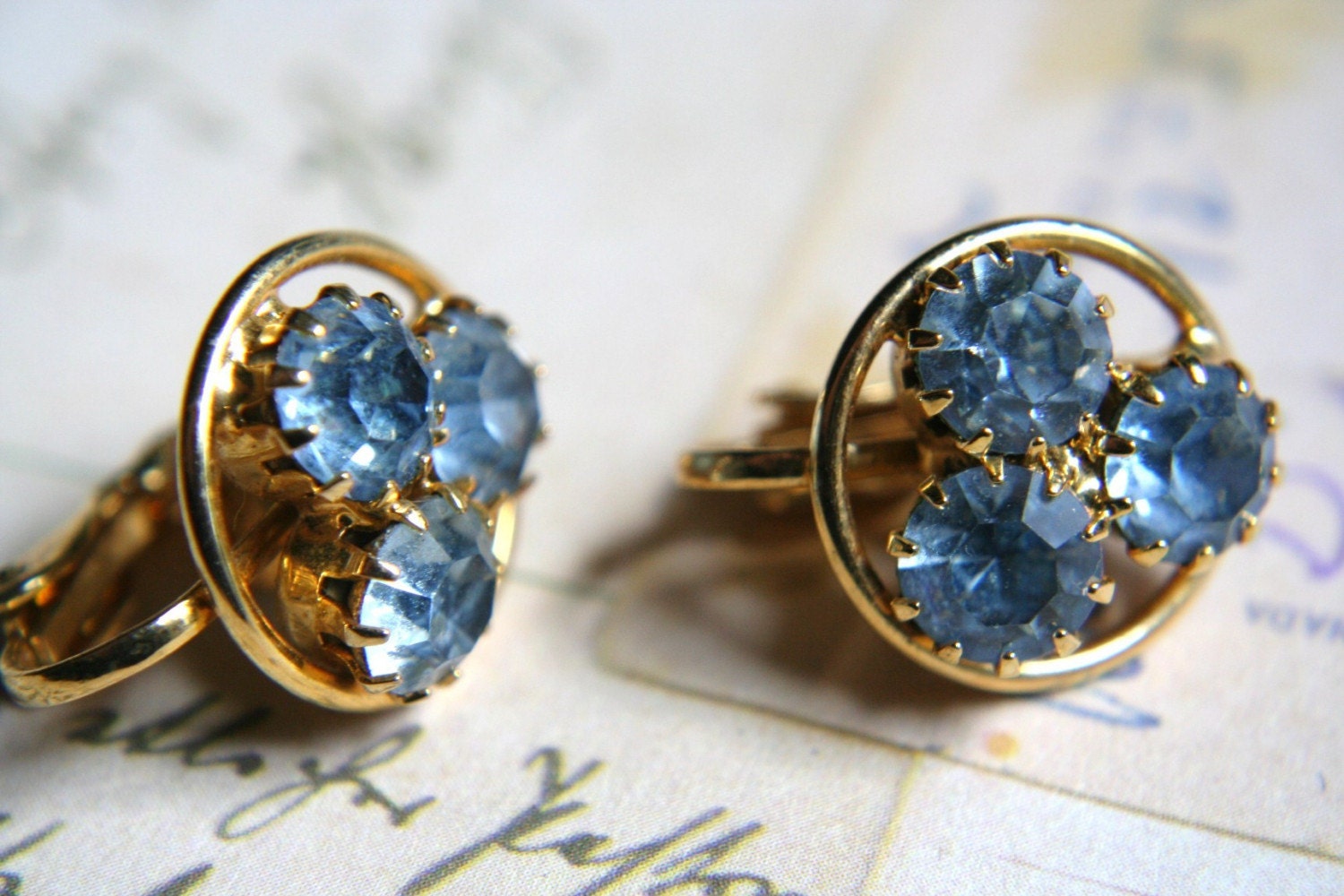 Vintage Light Blue Rhinestone Earrings Clip On