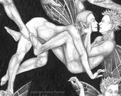 Frolicking Fairies - the not-quite-so-rude fairy print - signed 17x12 inch print.  (mature / adult)