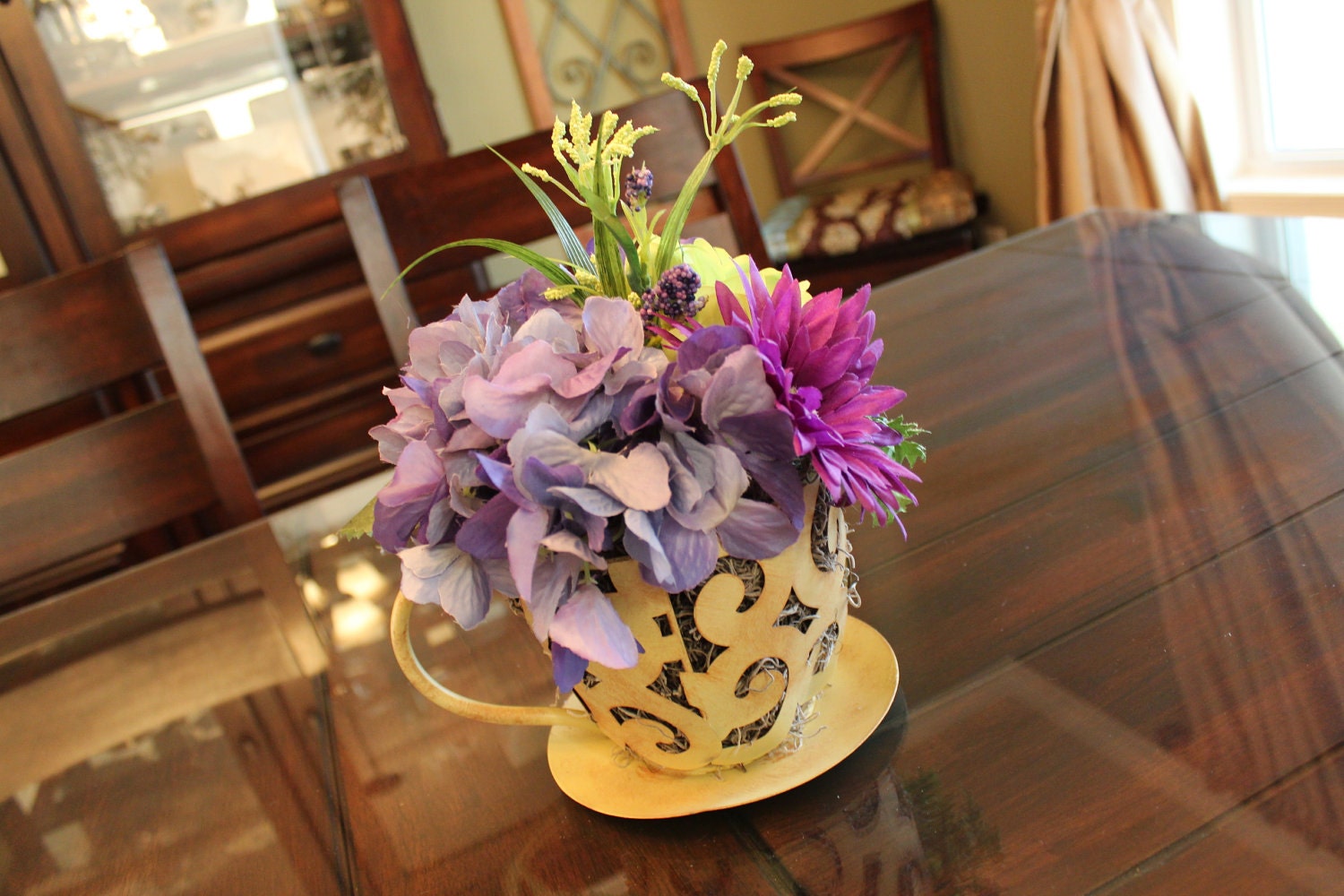 Summer Wreath - Arrangement - Teacup Hydrangea, Poppy, and Daisy Flower Mix with Moss and Berries - Coffee cup - Home Decor