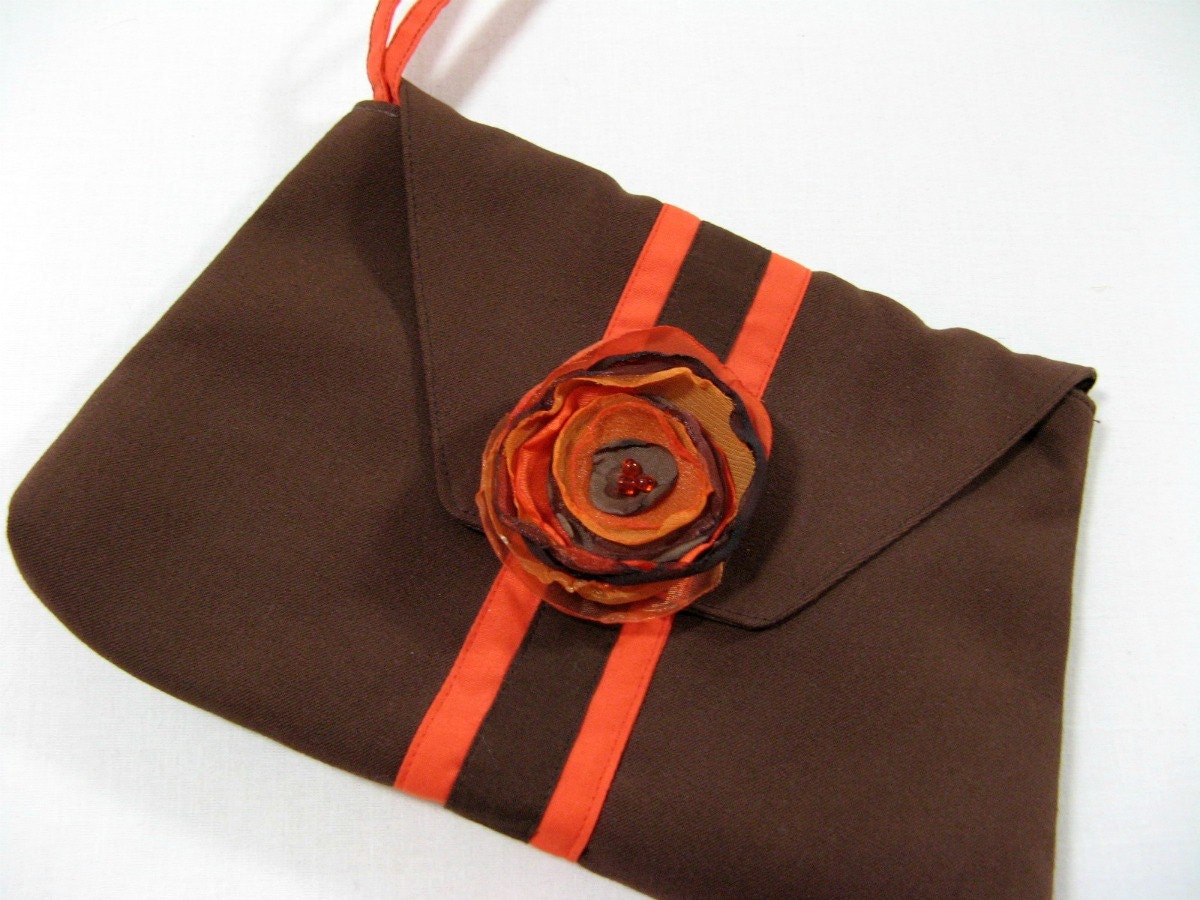 Brown Clutch Purse with Handmade Flower Pin