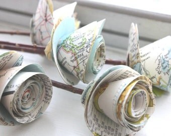 rolled paper roses. repurposed atlas.  small. set of 5